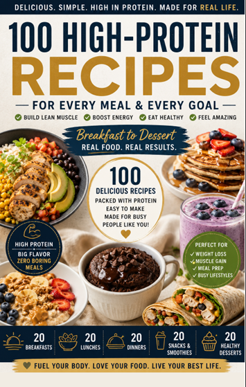 Cookbook cover: 100 High-Protein Recipes for every meal and every goal